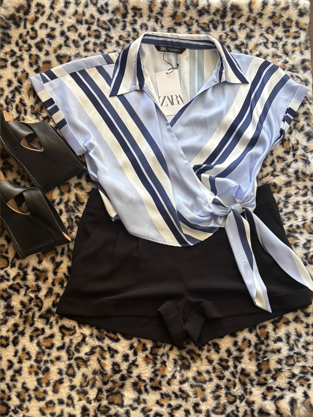 Zara Blue and White Striped Tie-Front Crop Top